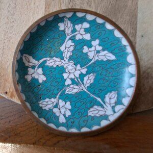 VTG Chinese Cloisonné Small Dish Bowl Green Exterior Turquoise Floral Interior